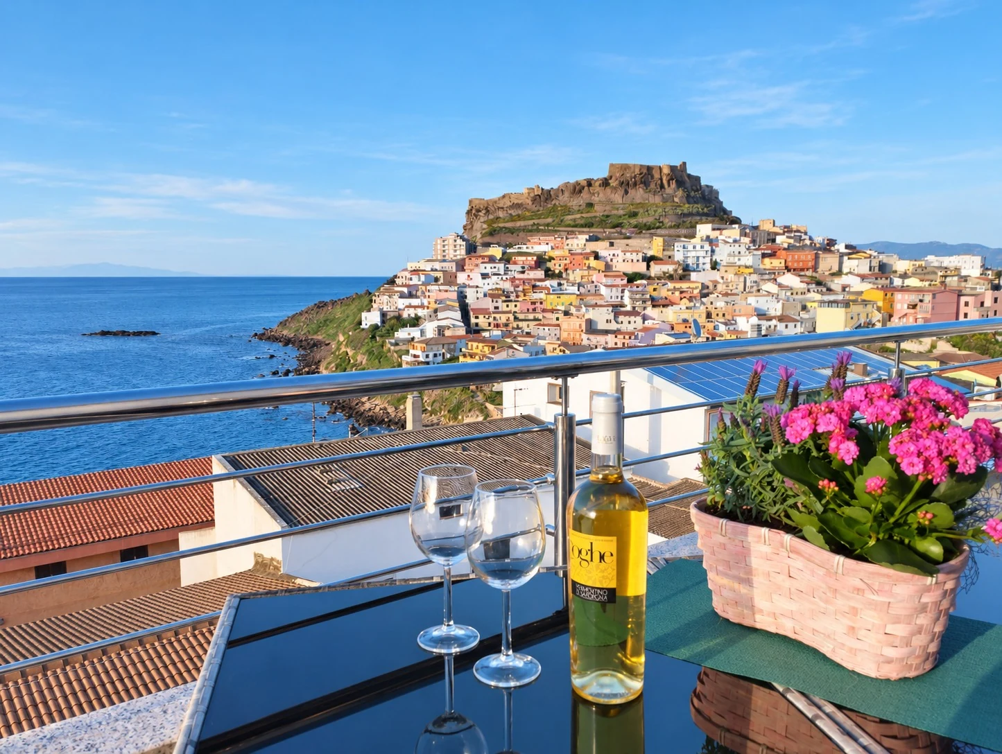 Lo sguardo del mare: il terrazzo fiorito con il castello di Castelsardo sullo sfondo